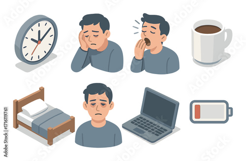 Sleep deprivation: effects on young males illustrated with tired expressions