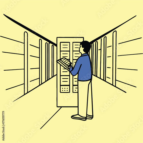 A business person with a suitcase stands in a building's open elevator door, looking out a window