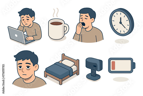 Cartoon male battling fatigue: coffee, laptop, and tiredness in daily routine