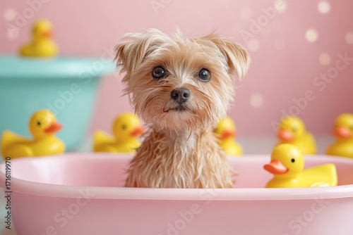Adorable wet Yorkshire Terrier puppy in a pink bath with yellow rubber ducks