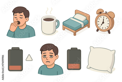 Sleepy character and sleep symbols: coffee, bed, alarm clock, low energy