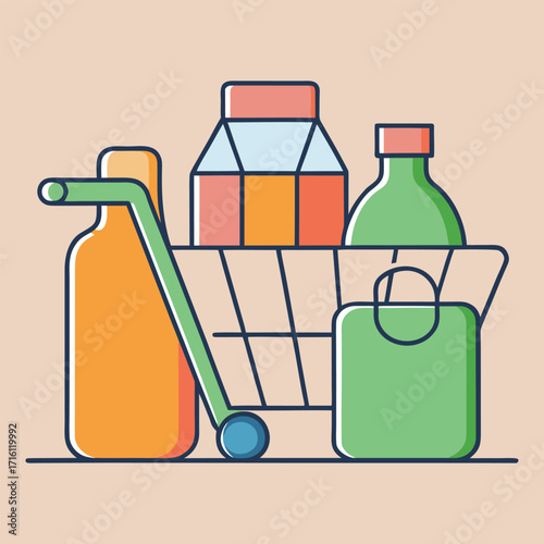 Flat Vector Grocery Shopping Illustration – Reusable Bag with Bottles and Jars, Eco-Friendly Market Concept. Flat Vector Grocery Shopping: vector , design, logo, icon, concept, template, topics, art.