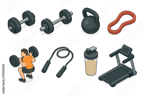 Home fitness equipment: dumbbells, kettlebell, resistance band, treadmill, jump rope, shaker bottle