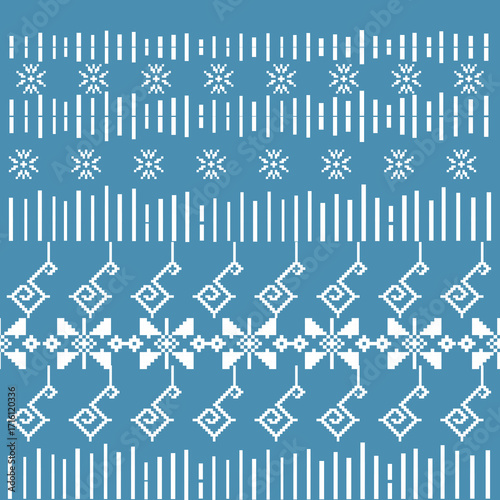 Sky blue seamless pixel diamond tassel pattern – Thai folk textile, geometric decorative background
