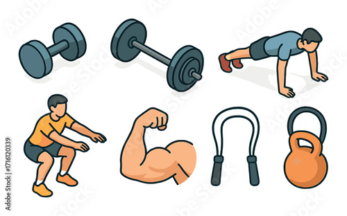 Fitness equipment and exercise icons: weights, kettlebell, flexed arm, jump rope, push-up