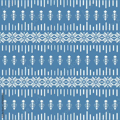 Seamless indigo pixel folk stripe pattern – white geometric floral bands, Thai-inspired textile background