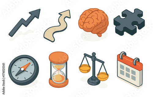 Business strategy icons featuring arrow, brain, puzzle, compass, and calendar