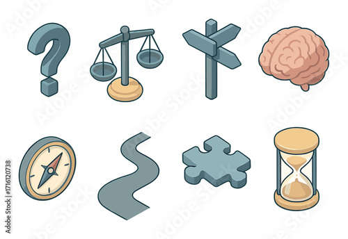 Collection of symbols representing decision-making and thought processes