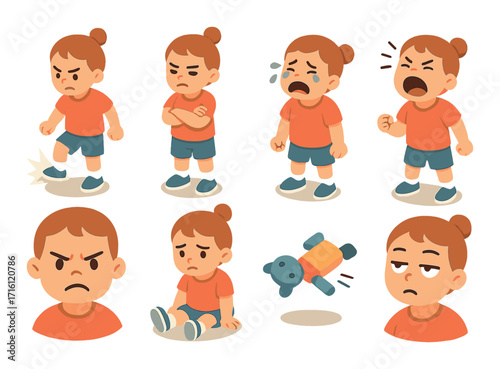 Young caucasian girl expressing various emotions through animated illustrations