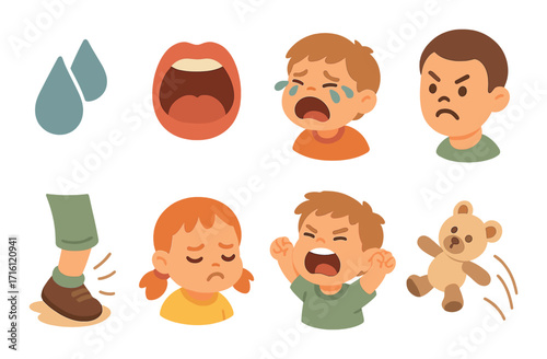 Illustrations of children expressing emotions through facial expressions and activities