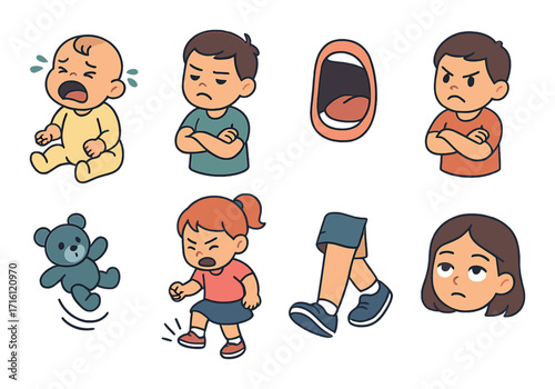 Cartoon expressions of angry children with toys and walking legs