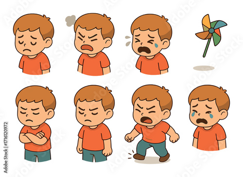 Illustrated caucasian male child expressing various emotions with cartoon pinwheel