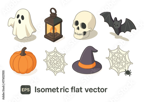Isometric halloween icons: ghost, lantern, skull, bat, pumpkin, web, hat