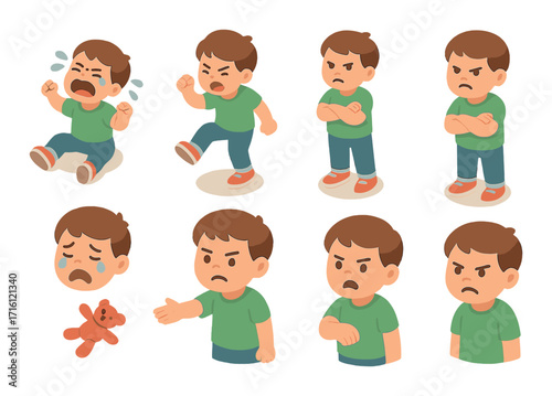 Cartoon expressions of an angry young boy displaying multiple emotions