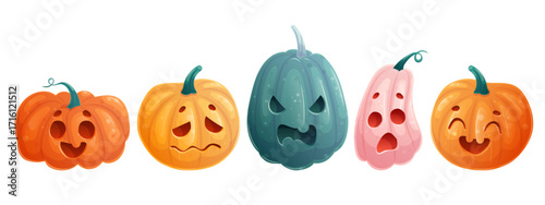 A set of colorful Halloween pumpkins on a white background. The main symbol of the merry Halloween holiday. Isolated vector illustration for stickers, design, decoration.