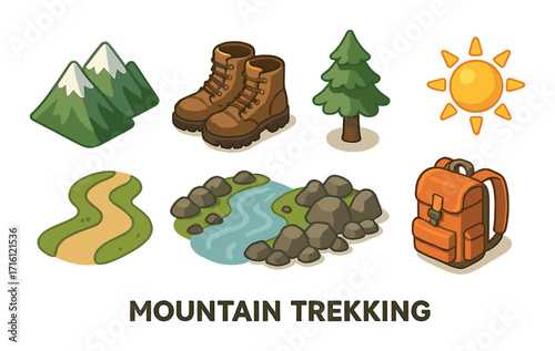 Mountain trekking icons: backpack, boots, nature, sun, trees, river