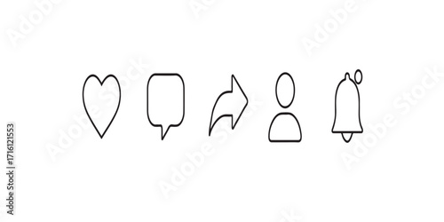 Print  Minimalist social media icon set – like button, comment bubble, share arrow, follow icon, and notification bell, clean vector design, isolated on white background