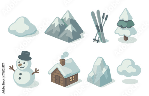 Winter icons: snowman, mountains, skis, snowy cabin, tree, cloud, igloo