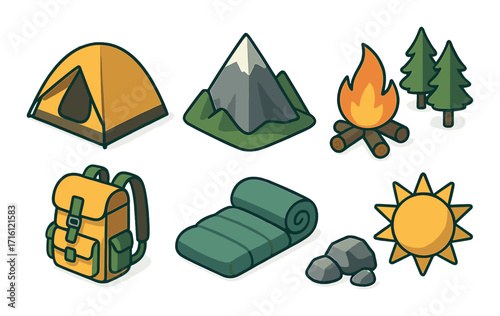 Camping adventure icons: tent, mountain, campfire, backpack, sleeping bag, trees, sun, rocks