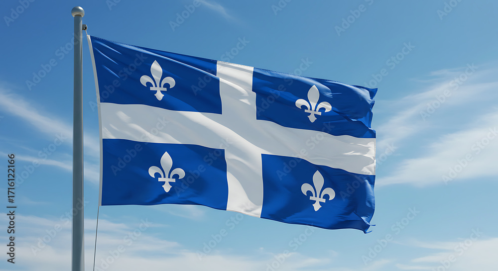 Fototapeta premium The provincial flag of quebec canada waving proudly against a clear blue sky