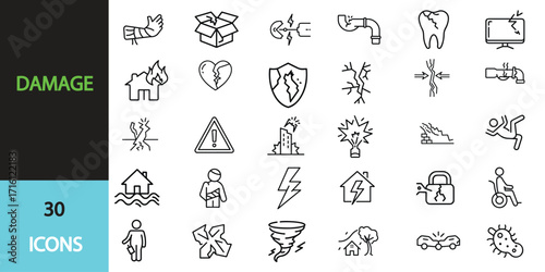 Damage  icon set. Contains icons related to damaged, broken, and more Editable stroke. Vector illustration transparent