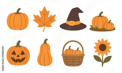 Glowing halloween icons: pumpkins, witch hat, autumn leaf, sunflower