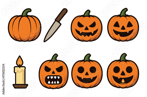 Halloween pumpkin icons: jack-o'-lanterns and knife with candle