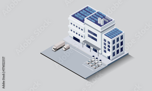 Isometric view of a modern building with rooftop solar panels and EV charging stations. Concept for sustainable energy, green tech, and smart city infrastructure. Vector EPS10.