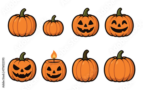 Cartoon halloween pumpkins with jack-o'-lantern faces on a brown gradient background