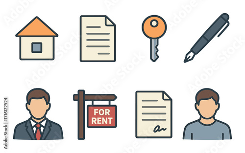 Real estate and rental icons with contracts, key, and people