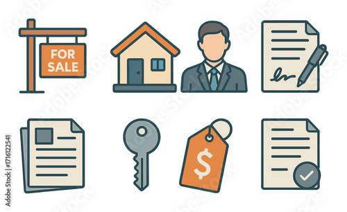 Real estate transaction icons: house, agent, documents, key, price tag, for sale sign