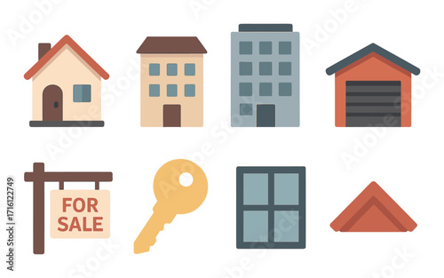 Real estate icons: house, building, key, for sale sign, garage, window, roof