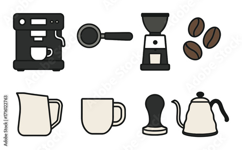 Coffee brewing essentials with espresso machine and tools