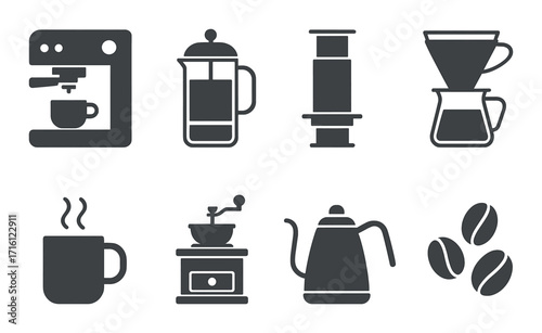 Coffee brewing icons set featuring machines, grinders, kettles, and mugs