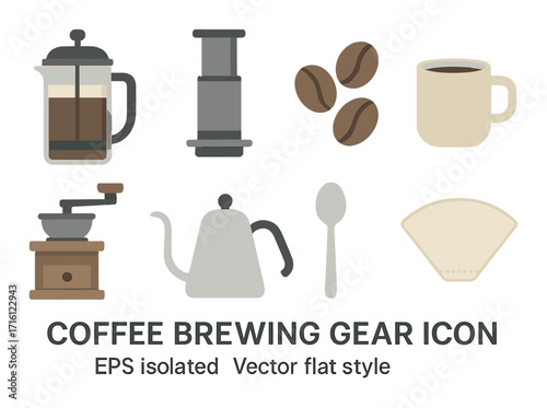 Coffee brewing gear icons: french press, grinder, kettle, filter, aeropress, beans, mug