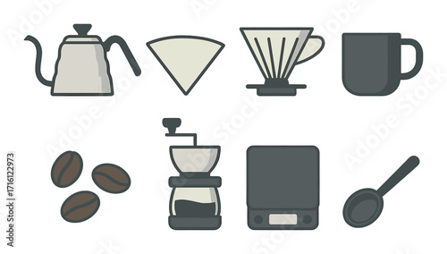 Coffee brewing essentials: kettle, filter, grinder, mug, beans, scale, spoon icons