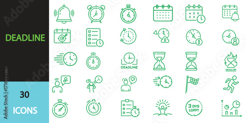 Deadline  icon set. Containing alarm, calendar, clock, and more. Editable stroke. Vector illustration transparent