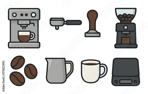 Coffee making essentials: espresso machine, grinder, and brewing tools illustration