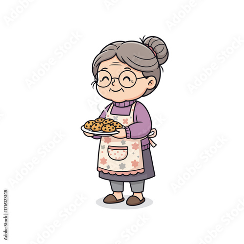 Charming cartoon grandmother holding a plate of fresh homemade cookies, a heartwarming concept of family traditions and love