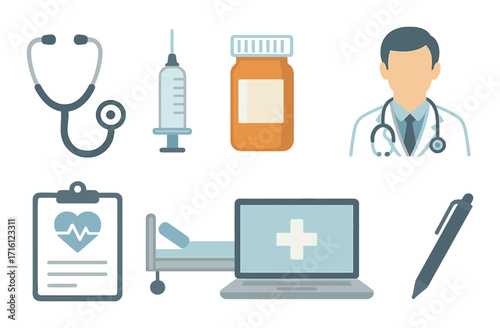 Medical equipment icons with doctor silhouette and healthcare symbols