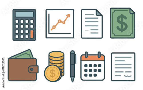 Financial icons set: calculator, graph, dollar sign, wallet, coins, calendar
