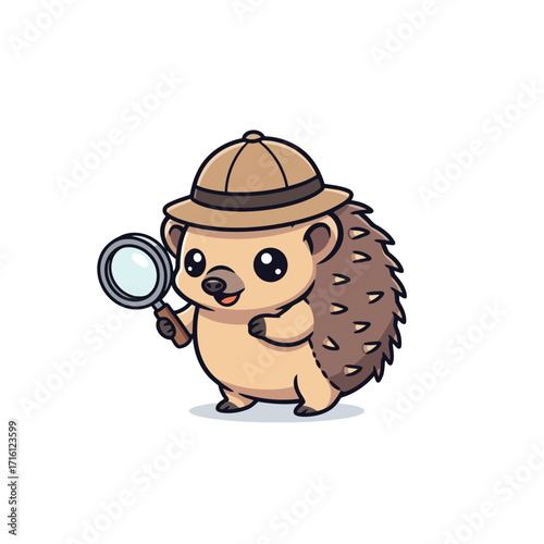 Whimsical cartoon illustration of a cute hedgehog detective mascot wearing a hat and holding a magnifying glass, isolated on a white background for logo or design