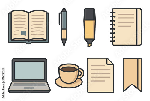 Office supplies illustration: pen, notebook, highlighter, laptop, coffee, bookmark