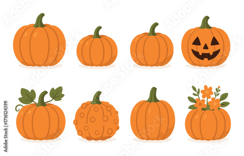 Creative pumpkin variety: carved, polka dot, floral, and classic halloween pumpkins
