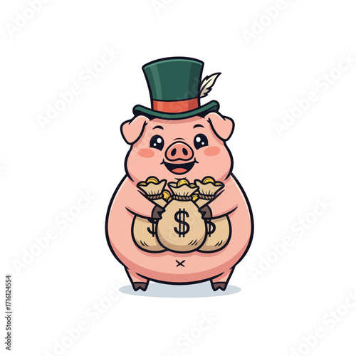 Cartoon Pig in a Top Hat Holding Money Bags Concept of Wealth and Prosperity