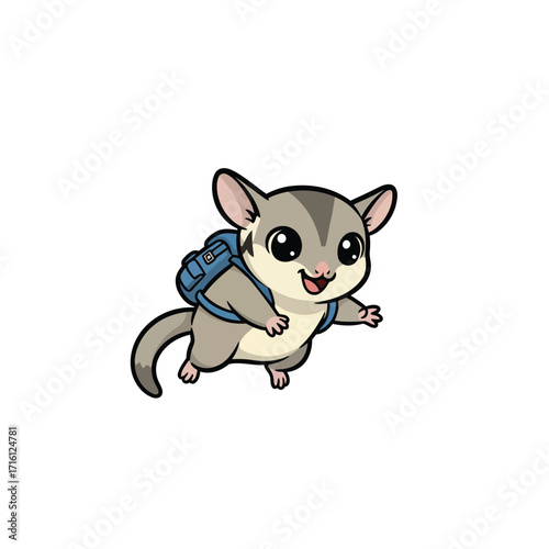 Charming sugar glider cartoon character flying with a blue backpack. Cute animal mascot ready for school or an adventure, isolated vector illustration