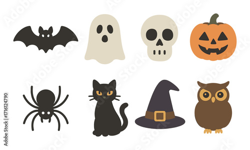 Halloween symbols: bat, ghost, skull, pumpkin, spider, cat, witch hat, owl