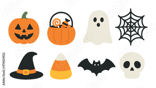 Halloween icons: pumpkin, ghost, candy, spiderweb, witch hat, bat, skull