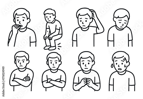 Cartoon expressions of concerned young caucasian male in various poses
