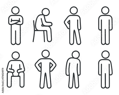 Monochrome stick figure poses displaying various human postures